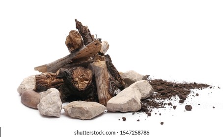 Decorative Dry Rotten Branches In Soil, Dirt Pile With Rocks, Wood For Campfire Isolated On White Background