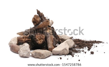 Decorative dry rotten branches in soil, dirt pile with rocks, wood for campfire isolated on white background