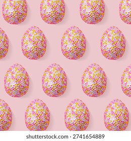Decorative easter eggs in colorful sequins as minimal trend repeat pattern pastel pink color. Pop art still life photo with sparkling rhinestones eggs, spring easter holiday concept, modern designs
