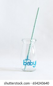 Decorative Empty Jar With Straws, Ready To Serve Drinks At A Baby Boy Shower