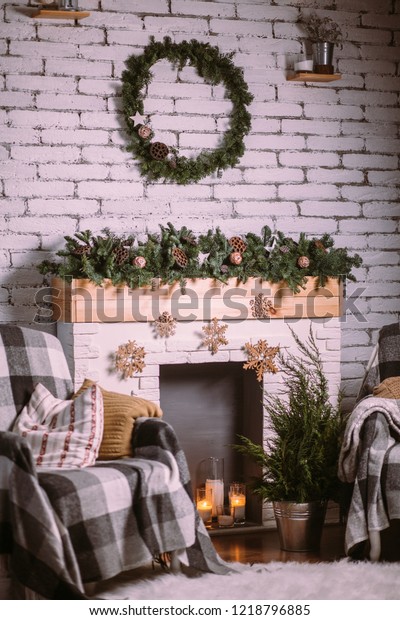 Decorative Fireplace Decorated New Years Garland Stock Image