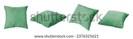 Decorative green rectangular pillow for sleeping and resting isolated on white background. Set of different angles of cushion for home interior decor, pillowcase mockup, template for design.