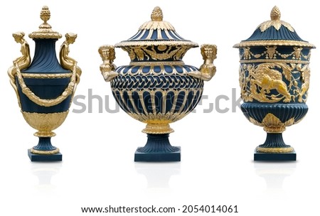 Decorative green vases with golden antique ornaments isolated on white background