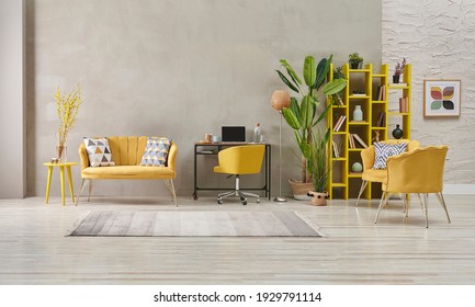 Decorative Grey Stone Wall Living Room, Home Interior Concept With Yellow Sofa Chair And Bookshelf, Big Green Vase Of Plant Carpet.