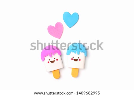 decorative ice cream toy and hearts on white background. cute kawaii cartoon character. symbol of love, childhood, friend, friendship. flat lay, copy space. element for design.  minimal style
