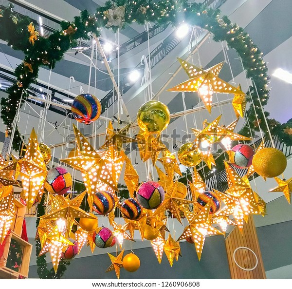 Decorative Illuminating Golden Stars Colorful Shiny Stock