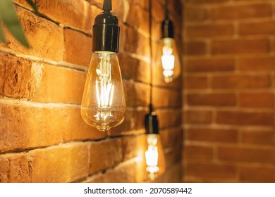 Decorative incandescent bulbs in Edison style on a brick wall background. - Powered by Shutterstock