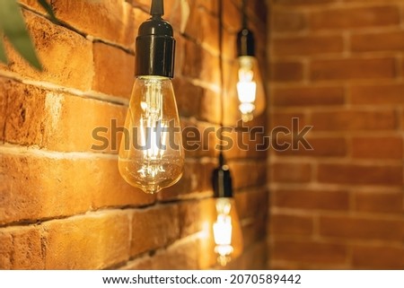 Decorative incandescent bulbs in Edison style on a brick wall background.