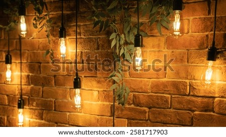 Decorative incandescent bulbs in Edison style on a brick wall background.
