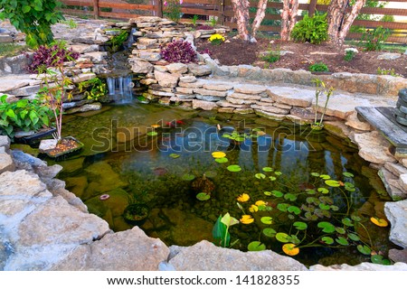 Decorative koi pond in a garden