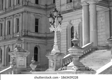 Decorative Lamp Post In Front Of Michigan State Capital Building