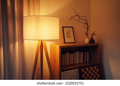 Decorative lamp shade with warm light next to a bookshelf