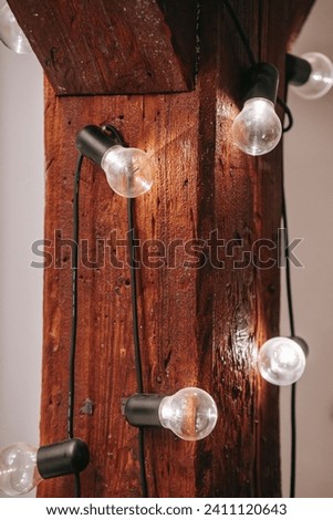 Decorative light bulbs affixed to purplish wooden walls with neat cables are photographed in front