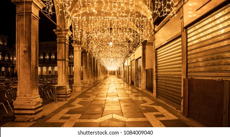 Decorative Lights Under The Arches In St Mark's Square, Venice During Christmas Time