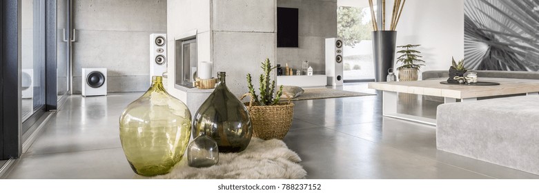 Decorative Living Room With Big Black Vase And Bamboo Sticks Next To Grey Mural Wall