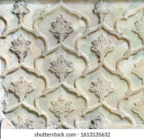 Decorative marble bas-relief with floral ornament in Golestan Palace (Marble Palace, Palace of Roses), royal Qajar complex in Tehran, Iran. UNESCO world heritage site
