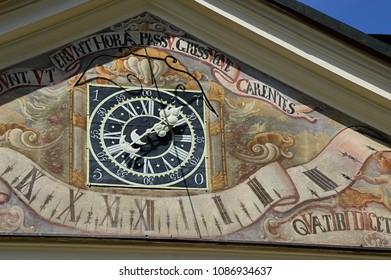 Decorative Mechanical Clock And Sun Dial On Roof Above Entrance To Late Baroque - Classicistic Svaty Anton Mansion