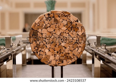 Decorative Objects for Interior Design Made from Wood. Handcrafted Decoration made of Wood. Chopped Wood Compiled into a Circular shape.