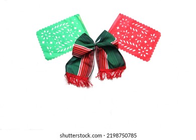 Decorative Objects Of Mexican Party: Pennants, Green, White And Red Tricolor Tie To Celebrate Independence Day, Revolution And Day Of The Dead In Mexico