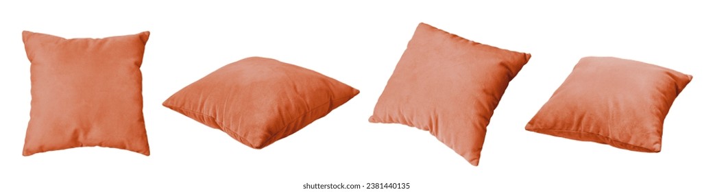 Decorative orange rectangular pillow for sleeping and resting isolated on white background. Set of different angles of cushion for home interior decor, pillowcase mockup, template for design.