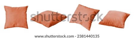 Decorative orange rectangular pillow for sleeping and resting isolated on white background. Set of different angles of cushion for home interior decor, pillowcase mockup, template for design.