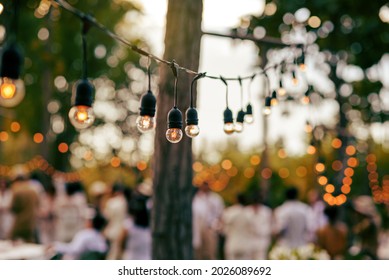 Decorative outdoor string light bulb hanging on tree in party wedding ceremony garden  - Powered by Shutterstock