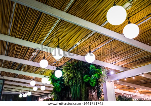 Decorative Outdoor String Lights Hanging On Parks Outdoor