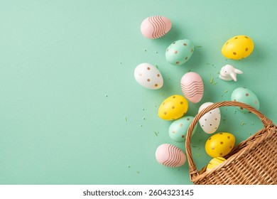 Decorative pastel Easter eggs with patterns are scattered around a basket on a green backdrop. This festive arrangement conveys the celebration of Easter and the joy of springtime.