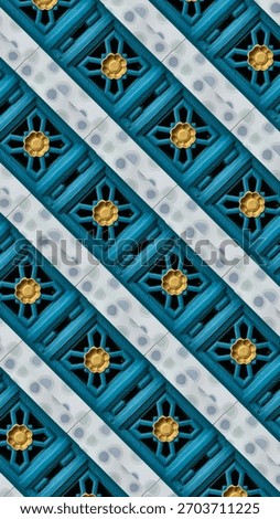 Decorative patterned surface with diagonal rows of teal geometric frames featuring golden flower motifs. Alternating sections include white tiles with circular dotted designs, creating a bold ornament