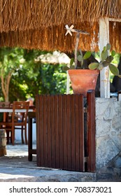 Decorative Pinwheel In A Flowerpot Of Cactus Just Above The Wooden Entrance Door Of An Outdoor Cafe In Bodrum Gumusluk Turkey 