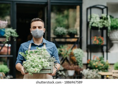 Decorative Plants, Growing, Lifestyle And Design During Lockdown. Friendly Young Man Owner In Apron And Protective Mask Carries Box Of Plants For Sale In Flower Shop Or Greenhouse Outdoor, Empty Space