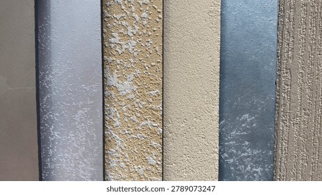 Decorative plaster samples texture background. Decorative wall paint color palette swatches set