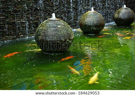 Decorative pond with fountain and gold fish.