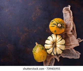 Decorative pumpkins on rusty background. Top view, space for text