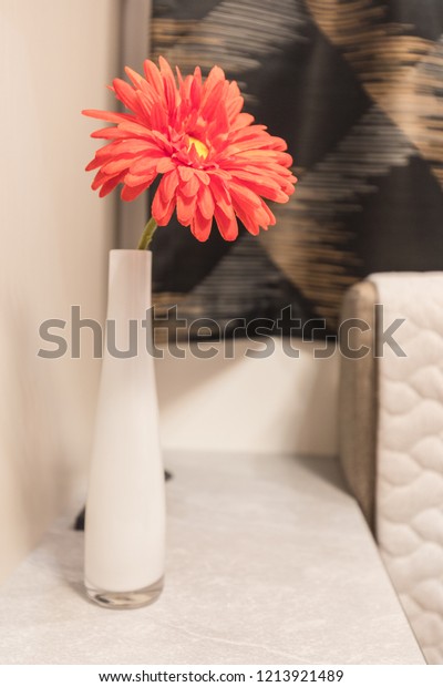 decorative red flower in a white vase inside\
a caravan,\
switzerland