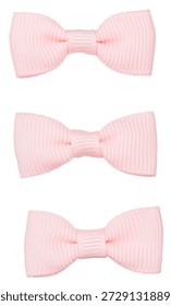 Decorative Set of Three Light Pink Grosgrain Ribbon Bows, Small Fabric Craft Elements Isolated on White Background