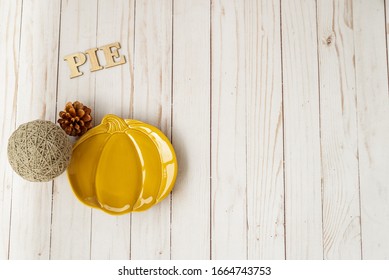 Decorative, Shinny Mustard Yellow Porcelain Plate Shaped As A Pumpkin Pie, Festive Holiday Theme.