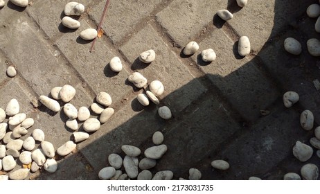 Decorative stone on paving. White decorative stone to beautify the outside and inside of the house. Decorative stone in the sun's shadow. - Shutterstock ID 2173031735