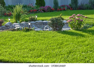Decorative stones and pebble gravel in landscaping. Lush green lawn and shrubbery in the backyard.