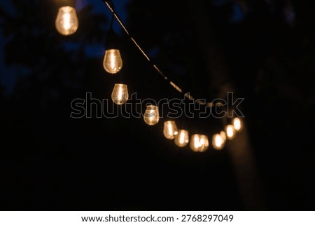 Decorative string lights glowing at night with bokeh background