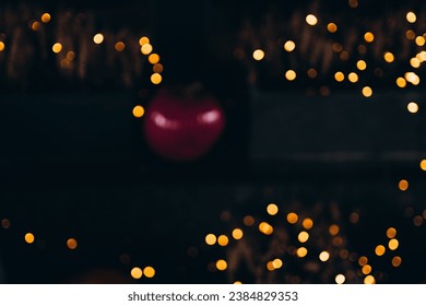 Decorative string lights at night time, Defocused Background, night city backdrop, party time with Yellow bokeh balls.