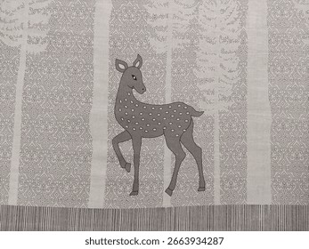 Decorative textile with deer and forest pattern elegant minimalistic fabric design featuring stylized woodland scene with patterned background, ideal for interior and fashion applications
