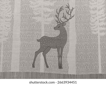 Decorative textile with deer and forest pattern elegant minimalistic fabric design featuring stylized woodland scene with patterned background, ideal for interior and fashion applications 2
