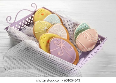 Decorative Tray With Easter Sugar Cookies On Wooden Background