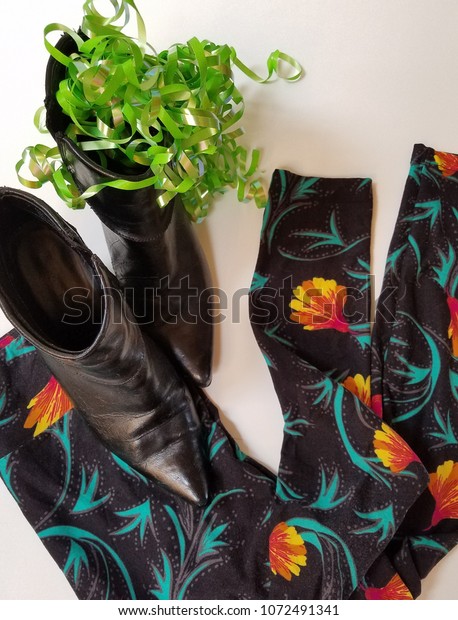 Decorative Tropical Leggings Matching Black Boots Stock Photo