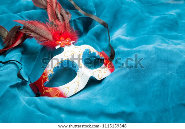 Decorative Venetian Mask On Blue Fabric Stock Photo Edit Now