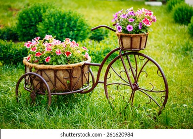 Decorative Vintage Model Old Bicycle Equipped Basket Flowers Garden. Toned Photo.