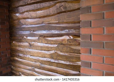 Decorative Wall Of Pine Boards Painted With Varnish. Wood Texture. Brick Column.