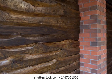 Decorative Wall Of Pine Boards Painted With Varnish. Wood Texture. Brick Column.