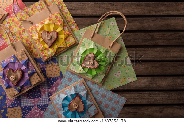 Decorative Wooden Heart On Origami Flower Stock Photo Edit Now